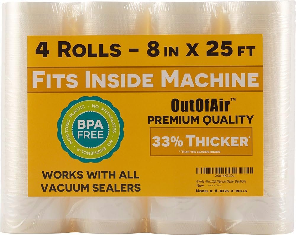 8″ x 25′ Rolls (Fits Inside Machine) – 4 Pack (100 feet total) OutOfAir Vacuum Sealer Rolls. Works with FoodSaver Vacuum Sealers. 33% Thicker, BPA Free, Sous Vide, Commercial Grade