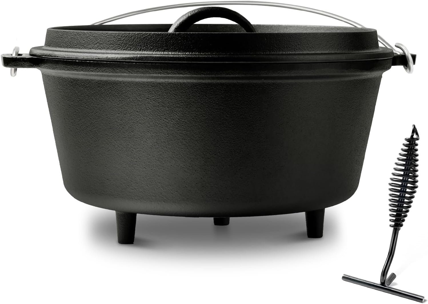 Pre-Seasoned 8QT Large Cast Iron Camping Dutch Oven Pot with Lid | Heavy- Duty Camping Cookware incl. Lid Lifter – Dual Handles – for Outdoor Campfire, Grill, Oven & Stovetop Cooking Black