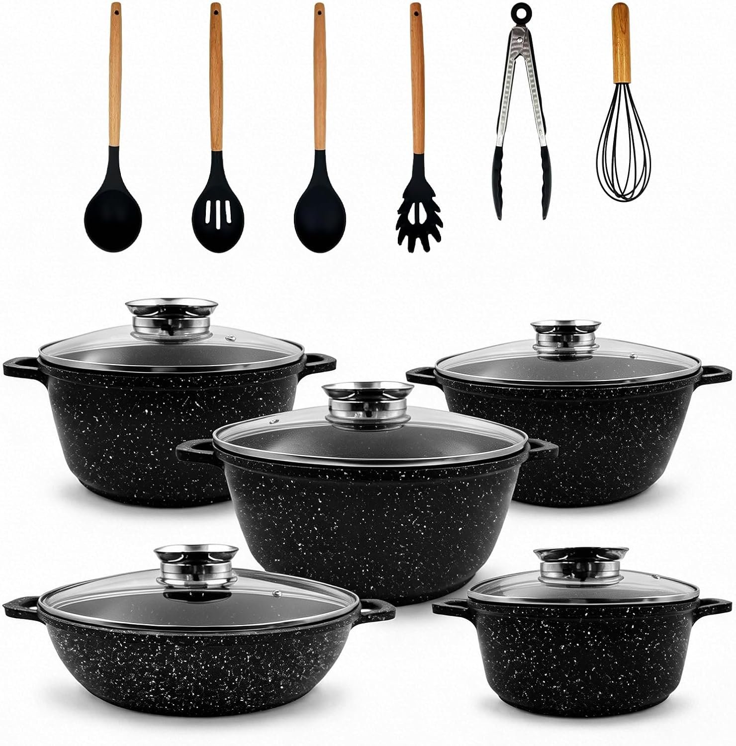 16PCS Nonstick Pots and Pans Set, Premium Nonstick Cookware with Lids and Utensils, 2.4QT to 8.8QT Casseroles, Healthy Kitchen Cookware Set, Dishwasher Safe, Induction Compatible, Black