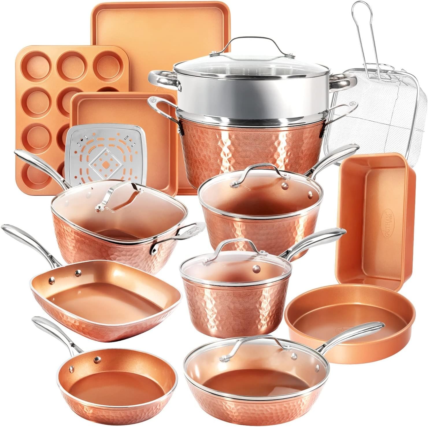 Gotham Steel Hammered 20Pc Pots and Pans Set Non Stick Ceramic Cookware Set | Deep Frying Pan & Bakeware Set Included, Non Toxic PFOA/PFOS/PTFE Free, Induction Compatible, Oven & Dishwasher Safe
