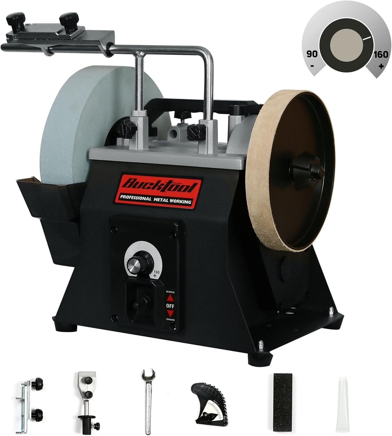 BUCKTOOL 10″ 1.2A Variable Speed Wet Sharpening System,Two Way Rotation | Water Cooled Wet Stone Grinder with 90-160RPM,8″ Leather Wheel,Angle Jig for Chisels,Plane Irons,Axes,Tools,Knives