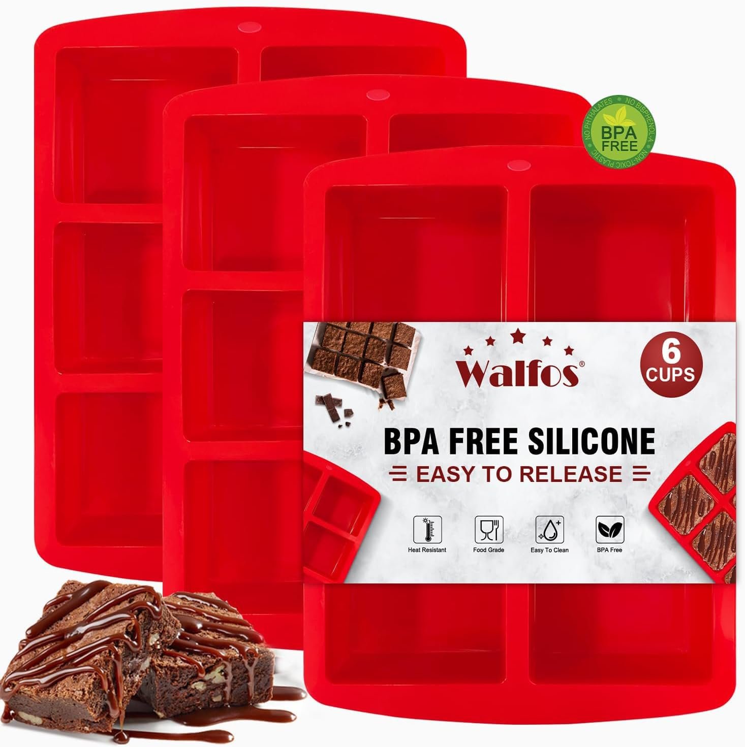 Walfos Mini Silicone Brownie Pan – 3 Piece 6-Cavity Non-stick Square Baking Pan, Perfect for Mini Brownies, Cornbread, Muffin and Cakes, BPA Free and Dishwasher Safe