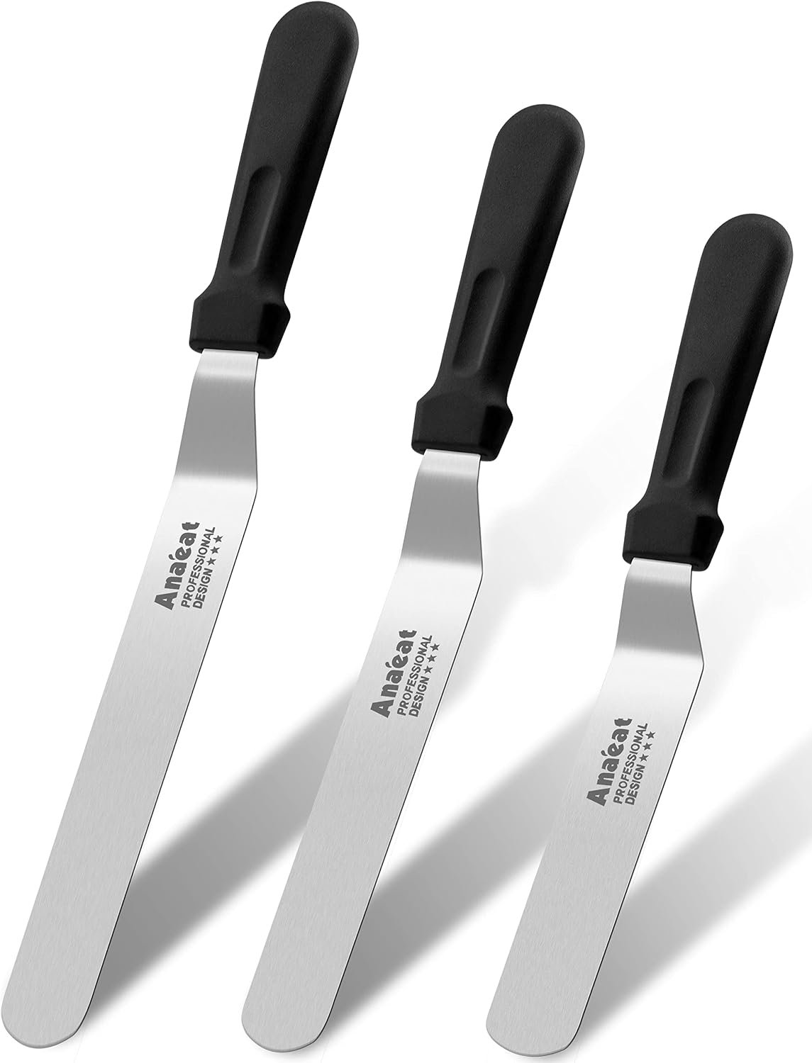 Anaeat Icing Spatulas, Set of 3 Professional Cake Angled Offset Spatula with 6″, 8″, 10″ Stainless Steel Blades – Thickened Frosting Knife with Plastic Handle for Cake Decorating, Pastry & Baking