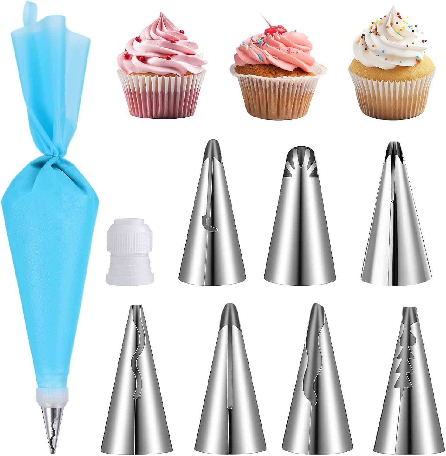 9Pcs Pastry Bag Set with Tip, Piping Bags and Tips Set Included 9Piping Tips, 1 Coupler and 1 Reusable Pastry Bag