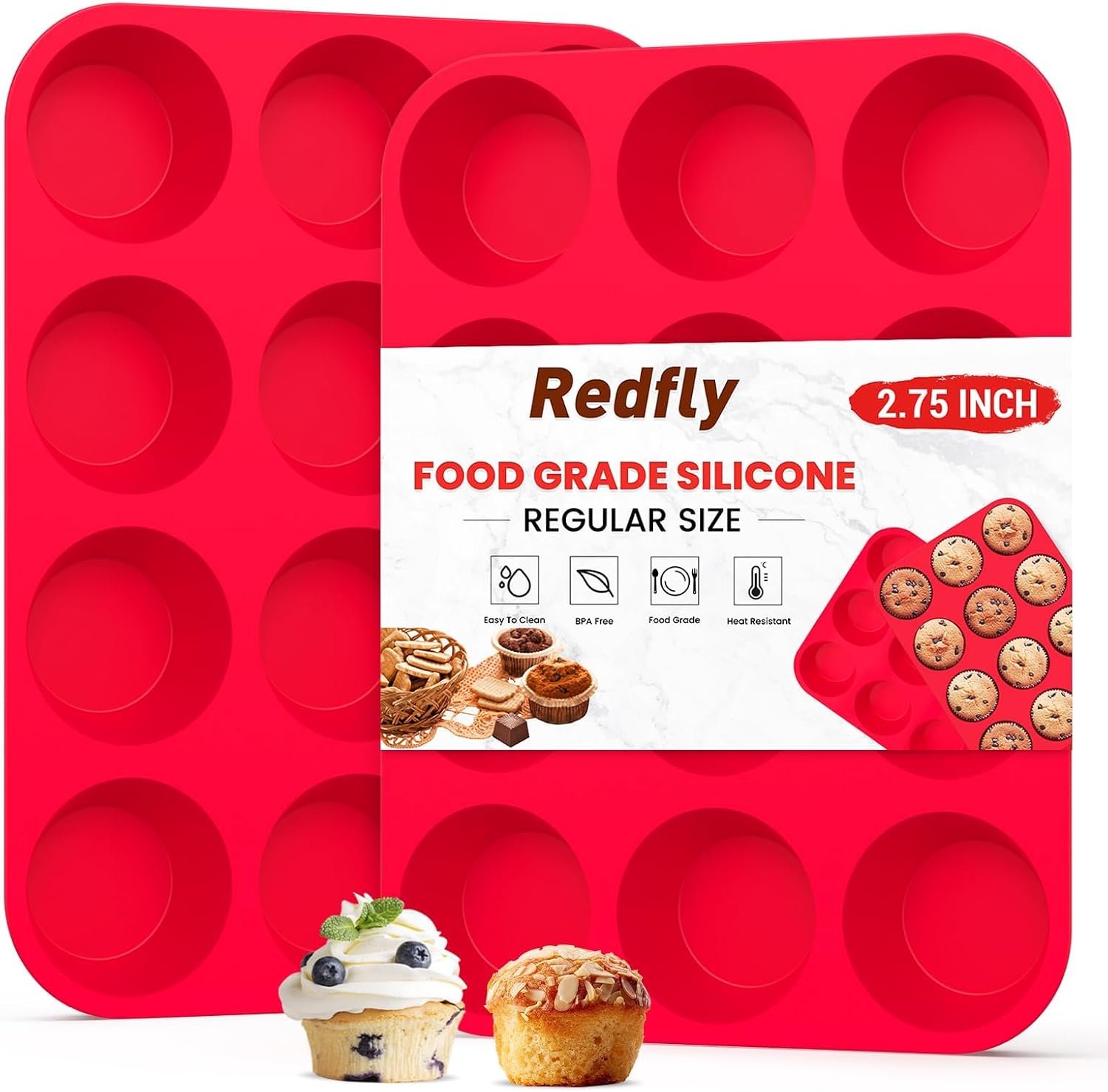 Redfly 2 Pack Silicone Muffin Pans for Baking & Cupcake Pan – 12 Cup Regular Size Silicone Molds, BPA Free Egg Bites Mold