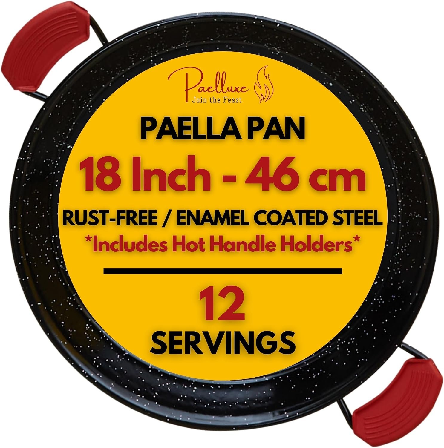 Paelluxe Paella Pan Enameled No-Rust Steel Skillet – 18 Inch, 12 Servings | Outdoor Propane Burner Only – Too Wide for Kitchen Stoves & Ovens. 1.2mm Carbon Steel, Easy-Clean Enamel, Handle Holders