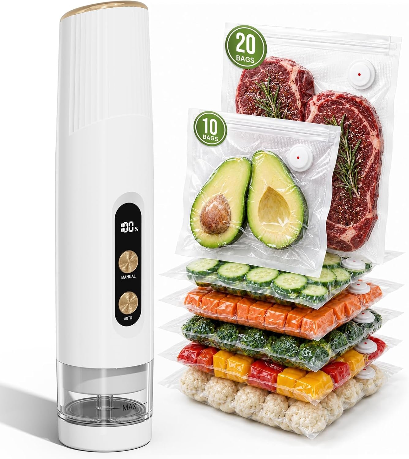 Handheld Vacuum Sealer for Food, Compact Cordless Sealer, 30 Reusable Bags | Auto Liquid Protection, Manual/Auto Modes, Removable & Easy to Clean, Battery Display, Long Battery Life, 60kPa, Safety Lock