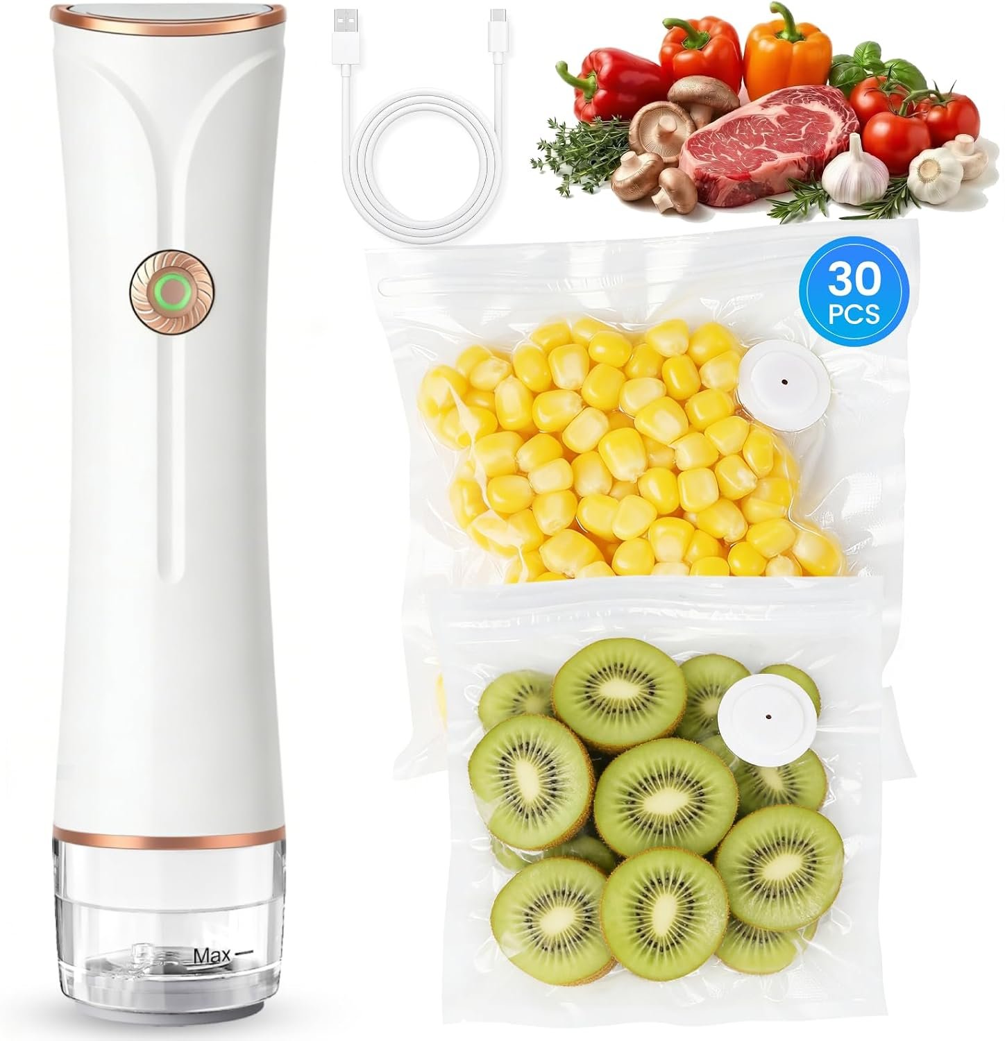 Compact Vacuum Sealer for Food with Visible Tank, Handheld Vacuum Sealer Machine, Includes 30 Reusable Bags, Seal Food 6X Fresh Longer, Wireless & Portable, Suitable for Kitchen and Travel, White