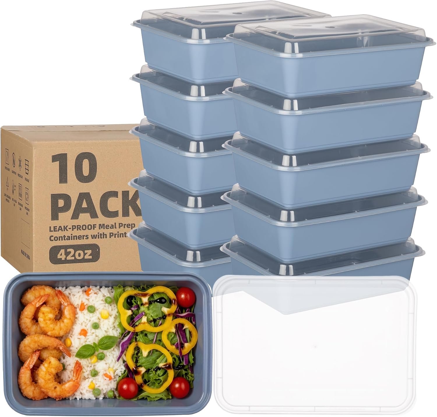 10 Pack 42 oz Reusable Meal Prep Containers with Lids, Light Blue | Plastic Food Prep Storage, Stackable, Leakproof, Microwave & Freezer & Dishwasher Safe,To Go Take Out Box