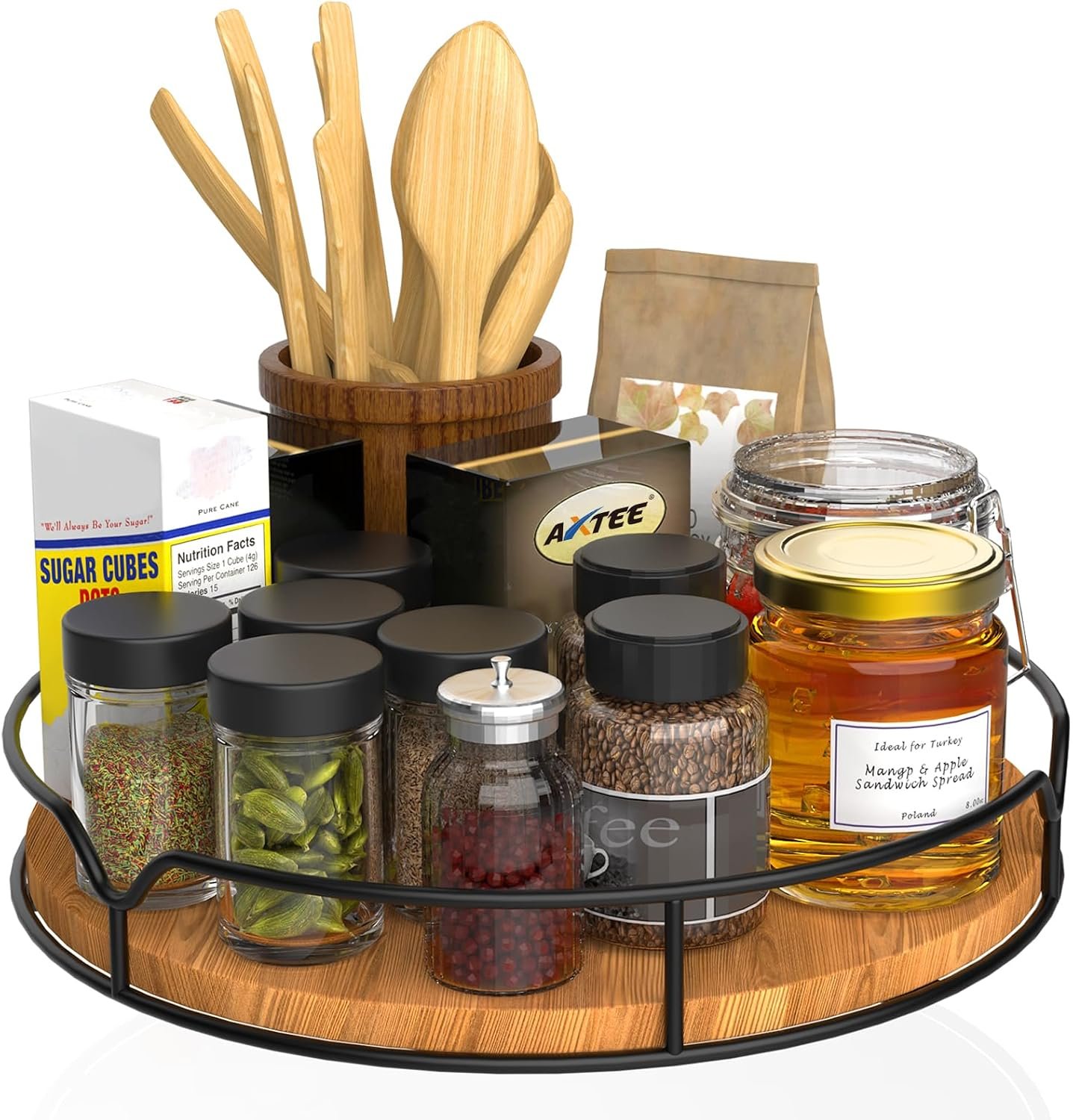 Lazy Susan Turntable Organizer for Cabinet Pantry Kitchen Countertop Refrigerator Cupboard, Pine Wood, 9″, Carbonized Black