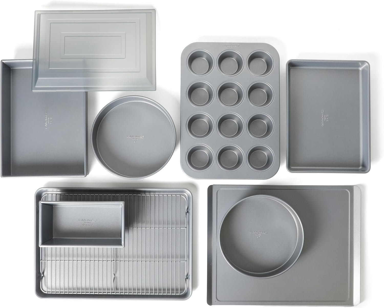 Calphalon Titan 10-Piece Nonstick Bakeware Set, Baking Sheet Set, Steel Core PFA-Free Nonstick Coating, Oven Safe, Includes Sheet Pans, Muffin Pan, Round Cake Pans, Loaf Pan and Cooling Rack – Silver