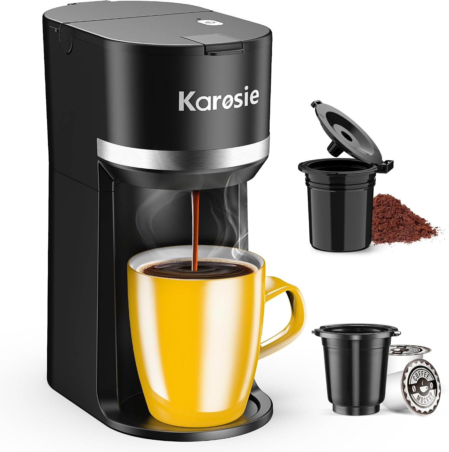 Single Serve Coffee Maker for Coffee Pods and Grounds, Fast Brew, 6-12 oz Brew Sizes Single Cup Coffee Maker Fits 5.5″ Mugs, One-Button Small Coffee Maker, Descaling Reminder,Black,9.45 Inches
