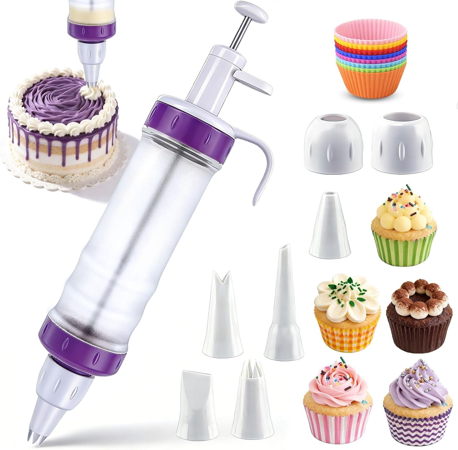 JAYVAR Dessert Decorating Syringe Set, Icing Dispenser Tool | Dessert Decorator Pro, 7 Icing Nozzles, 9 Silicone Cake Cup, Cake Decorating Gun for Frosting Cream
