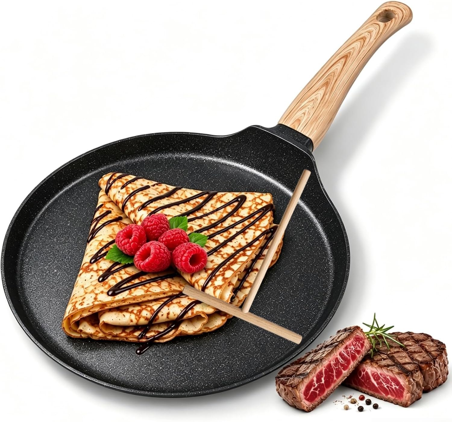 HUPECHAM Crepe Pan 9.5-Inch Nonstick Swiss Granite Coating Dosa Pan, Pancake Skillet, Tawa Griddle with Stay-Cool Handle – Induction Compatible, Smokeless & Healthy Cooking