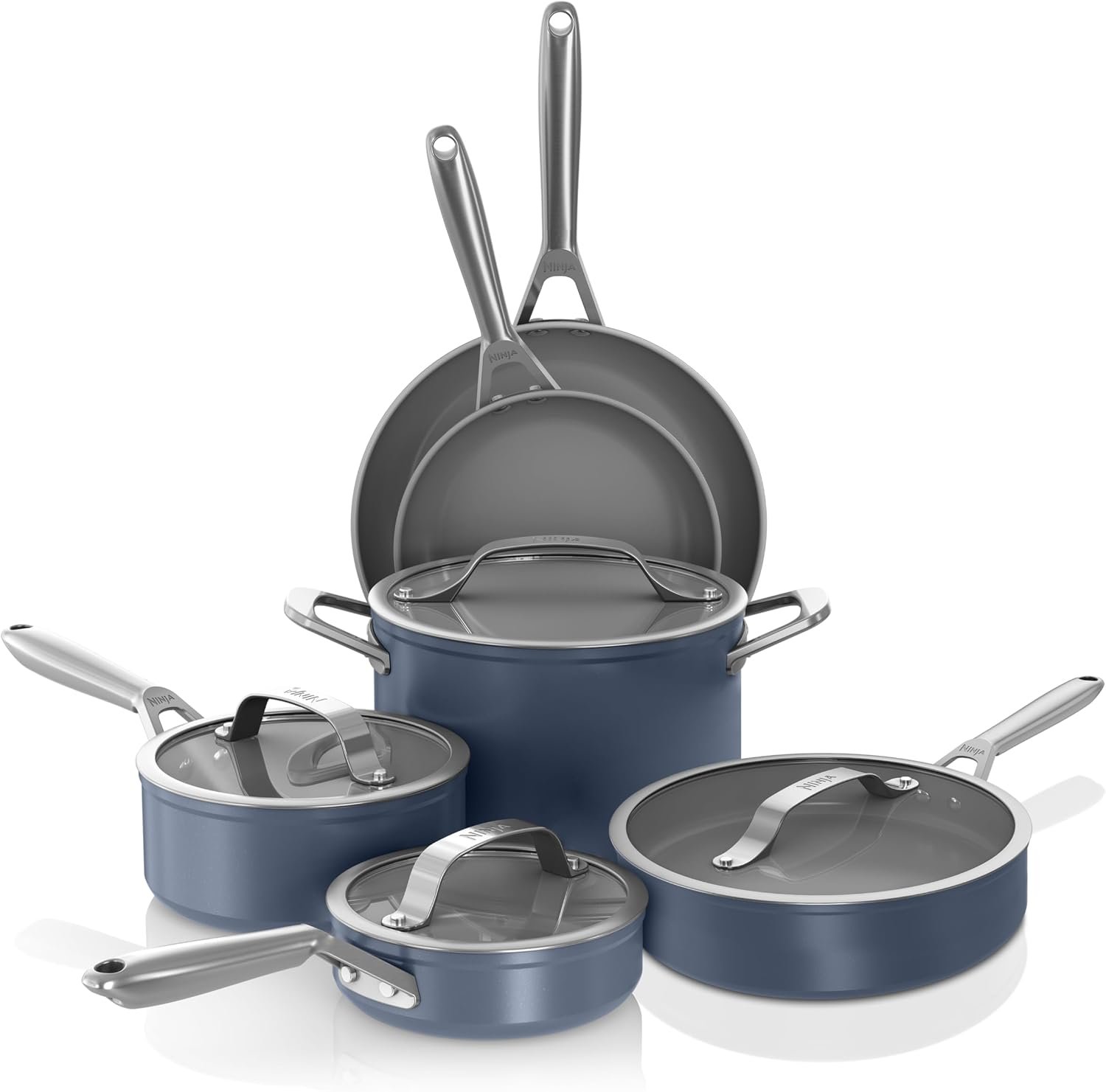 Ninja® Ceramic Pro 10-Pc Cookware Set, PFAS-Free, Midnight Blue, CW39010MM | Titanium-infused ceramic, 10-year nonstick guarantee. No lead, cadmium. All stovetops & induction compatible. Broil to 550°F.