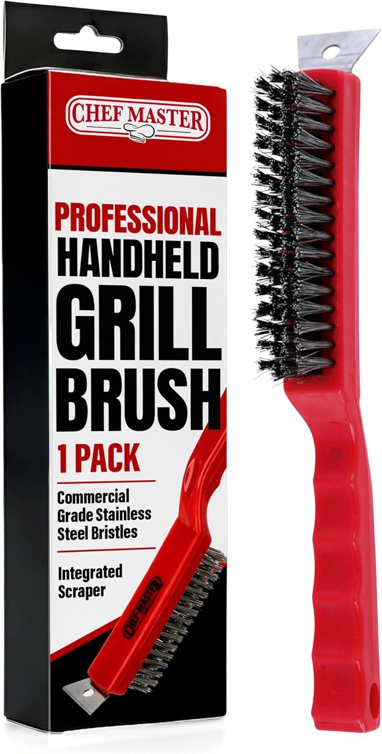 Chef Master Commercial Grill Brush with Scraper Head – Heavy-Duty Wire Bristle Cleaner – Commercial Grill Cleaner – Ergonomic Handle, Tool & Accessories – 90044