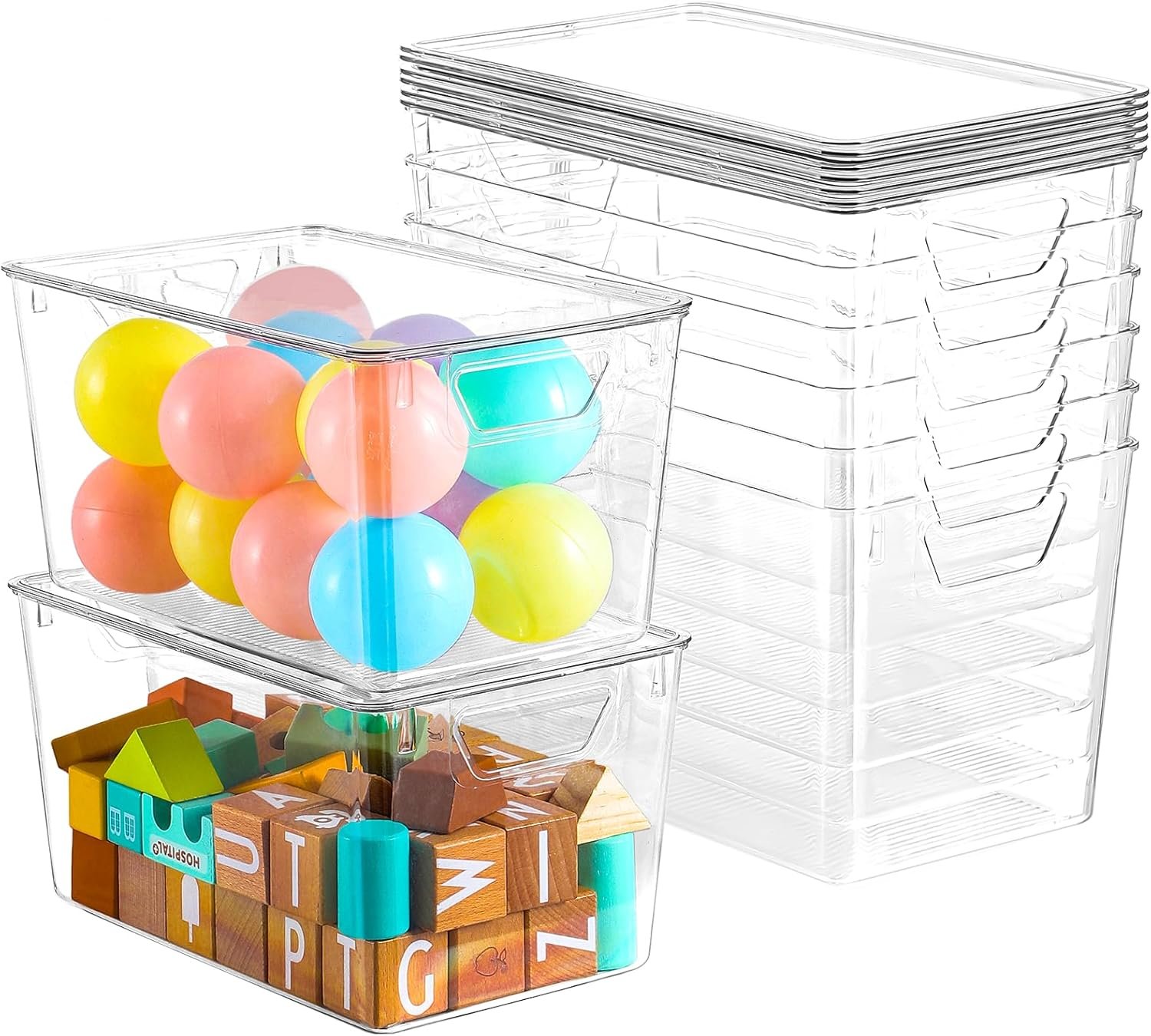Freebat 6 Pack Clear Storage Bins with Lids, 7 Quart Pantry Organizer Bins | Large, Stackable Plastic Storage Containers, Pantry Organization for Office, Bedroom, Cabinet, Fridge,Kitchen Organization