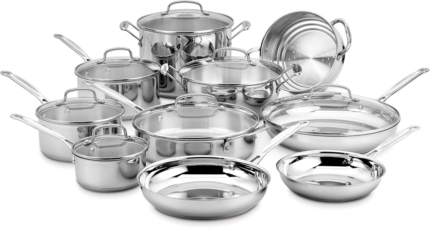 Cuisinart 17-Piece Stainless Steel Cookware Set, Chef’s Classic Steel Collection with Pure Aluminum Core for Quick and Even Heat, Cool Grip Handles, Dishwasher Safe, 77-17N | Dishwasher-safe stainless steel pans and pots with riveted handles & aluminum core for even heat, oven safe to 500°F, 77-17N