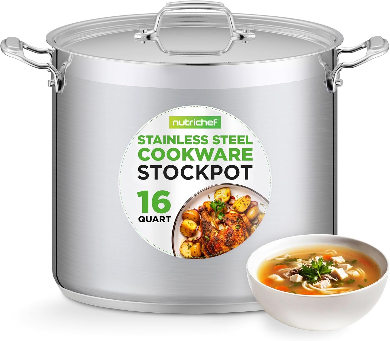 NutriChef 16-Quart Stainless Steel Stockpot – 18/8 Food Grade Heavy Duty Large Stock Pot for Stew, Simmering, Soup, Includes Lid, Dishwasher Safe, Works w/Induction, Ceramic & Halogen Cooktops