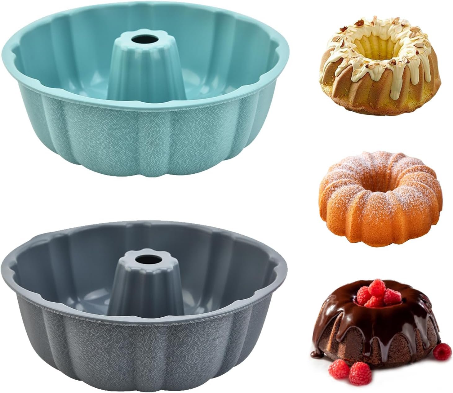 2 Pack Silicone Cake Pan,Jello Moldes Para Gelatinas，10 Inch,Grey+Blue | Nonstick,Cake Pans，moldes para gelatinas，Pound Cake Pan, Baking For Jello, Gelatin, Cake, Brownie and Bread