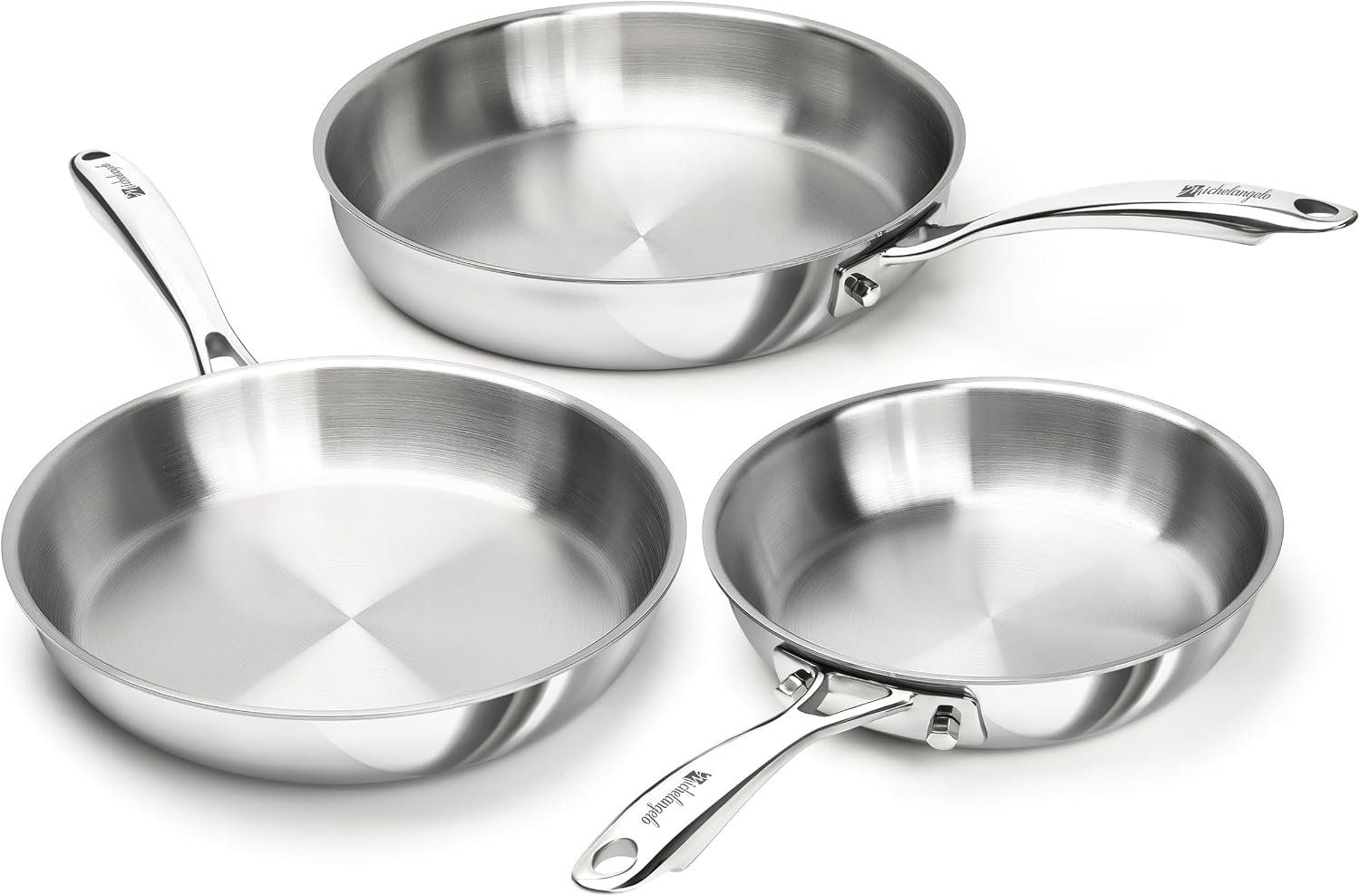 MICHELANGELO Fully Clad Tri-Ply Stainless Steel Frying Pan Set 8″,9.5″,11″ | 18/10 Stainless Steel Skillets, Rivet-Free Interior, Induction Ready, Oven Safe 600°F, PTFE & PFOA Free, Dishwasher Safe