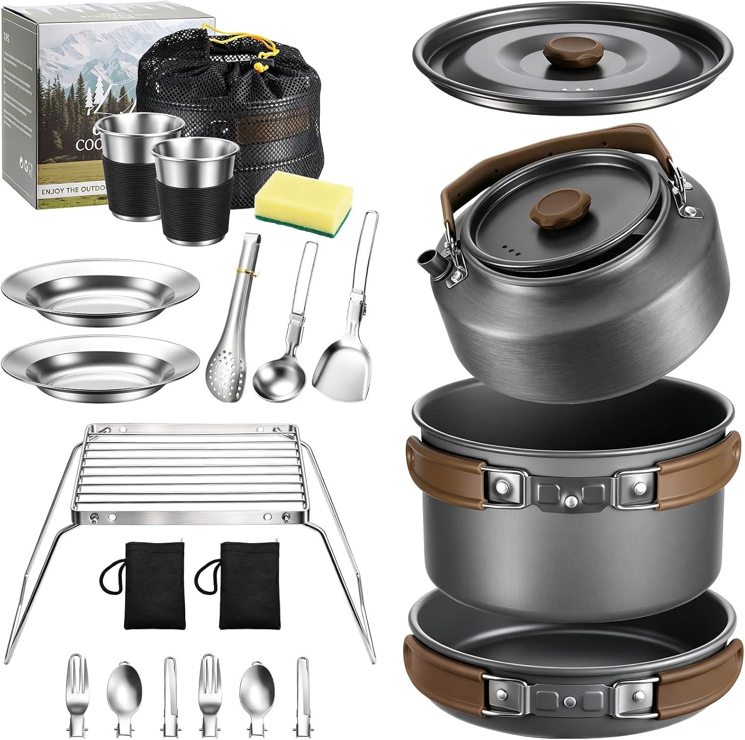 Leonyo 18PCS Camping Cookware Set, Camping Cooking Pot Pan Mess Kit | Camp Cooking Essentials Equipment Accessories with Aluminum Kettle, Grill Grate, Outdoor Open Fire Camping Gear Backpacking