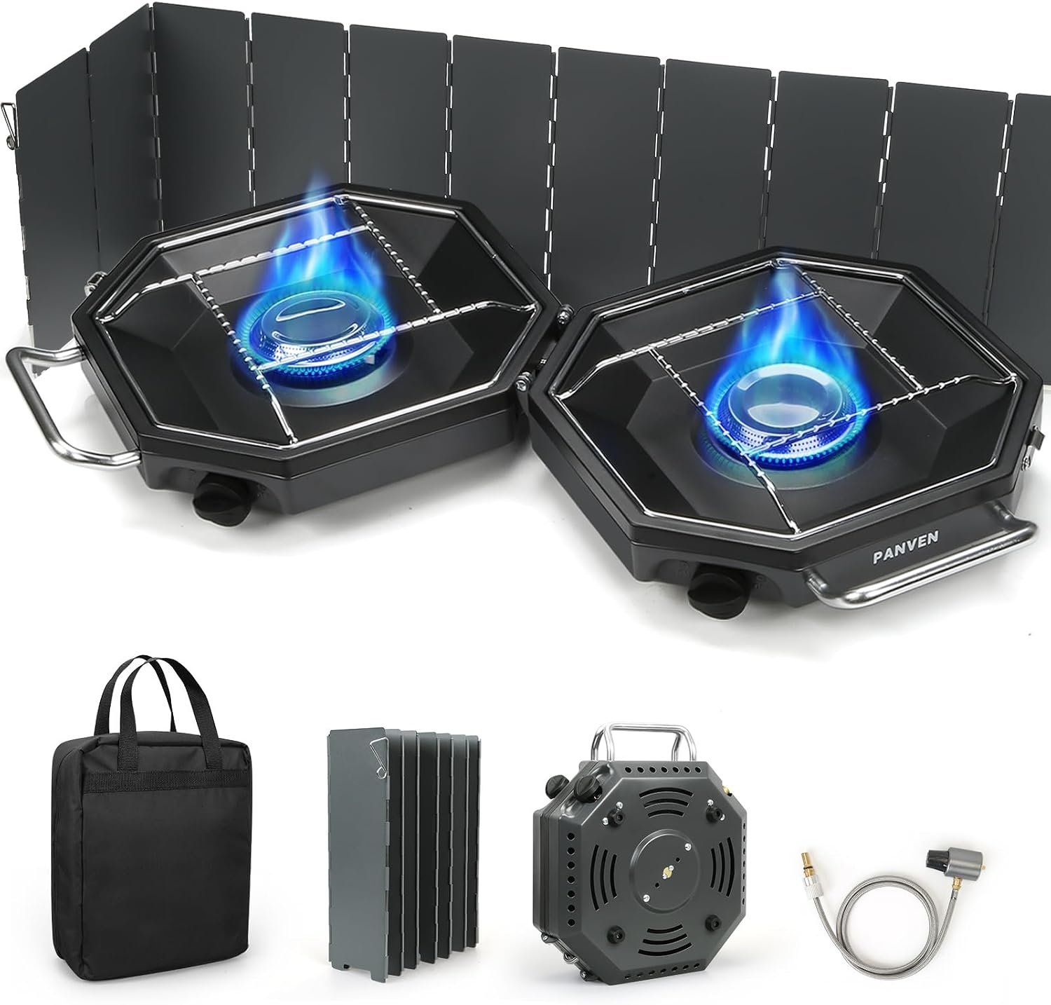 2 Burner Camping Stove, 20,000 BTU Propane Camp Stove with Wiandscreen | Foldable Portable Design with Storage Bag, Regulator and Fits Two 11-Inch Pans for Camping, Picnic & Tailgating