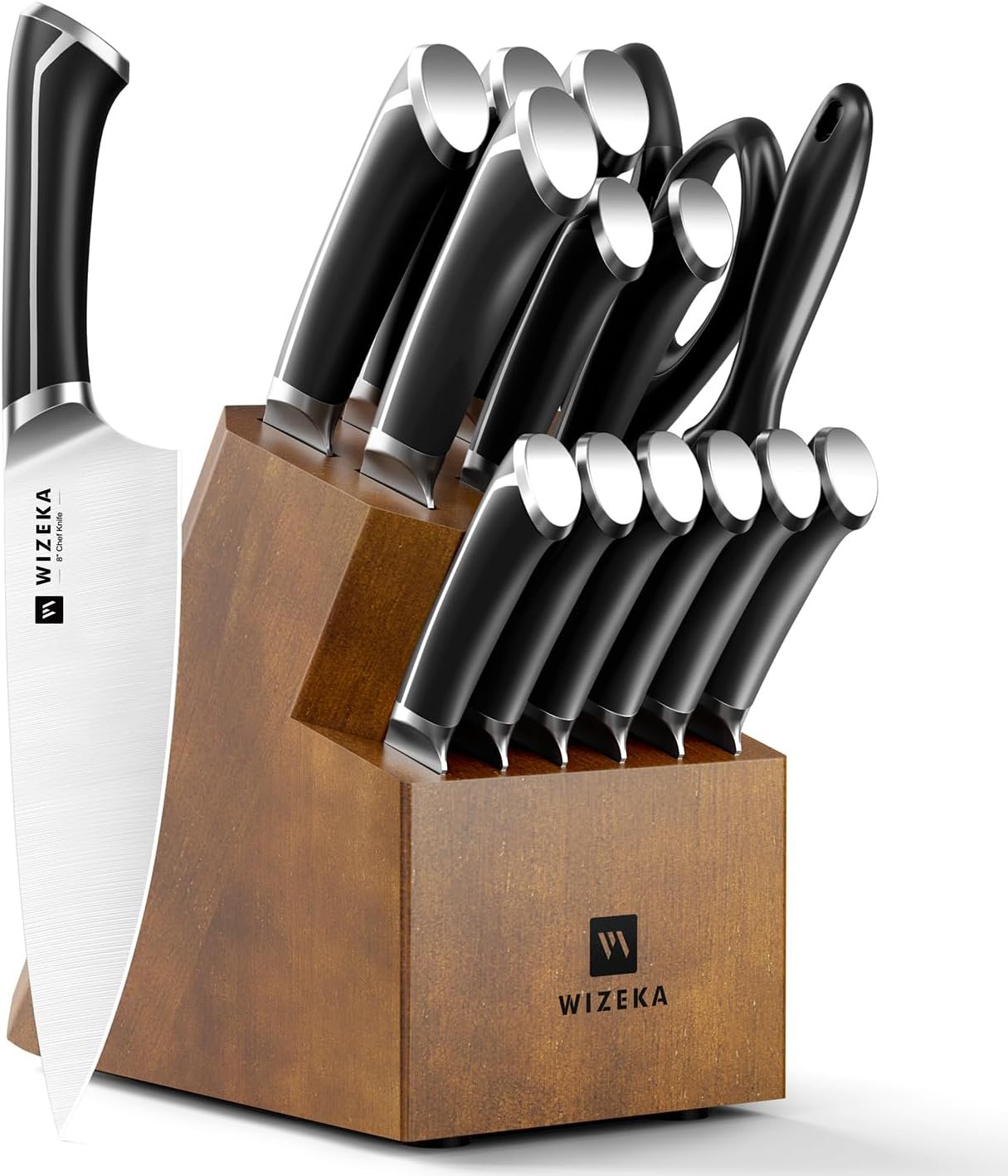 15PCS Kitchen Knife Set with Wooden Block, Razor Sharp, Crown Black | High Carbon Stainless Steel, Professional Performance, Ergonomic Handle, Versatile Daily Kitchen Helper, Ideal Gift Option