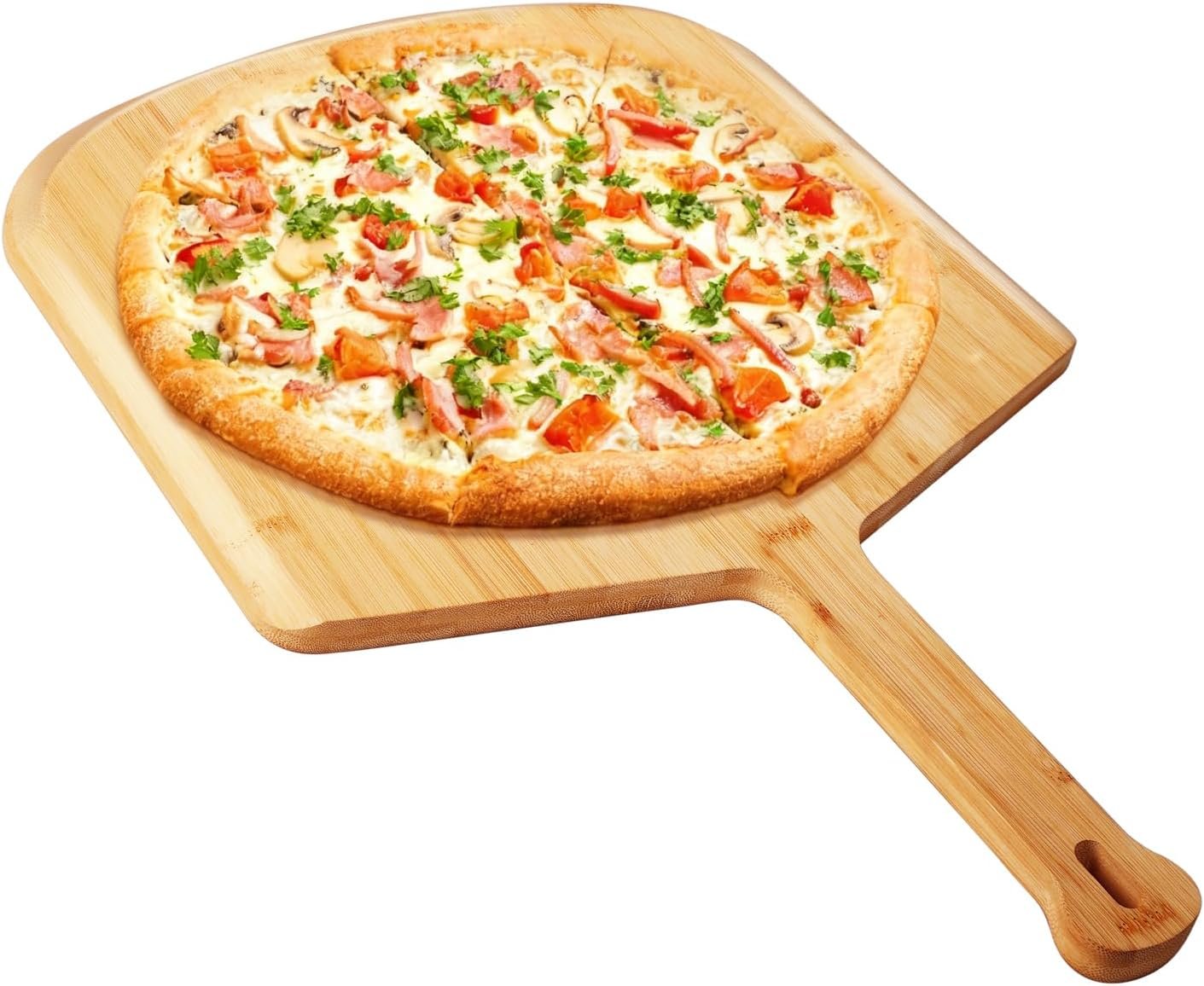 16 Inch Kitchen Bamboo Pizza Peel, Large 16” Board Pizza Paddle with Long Handle, Easy-Glide Beveled Edge for Baking, Transferring & Serving – Sturdy Wood Pizza Cutting Boards (Natural wood color)