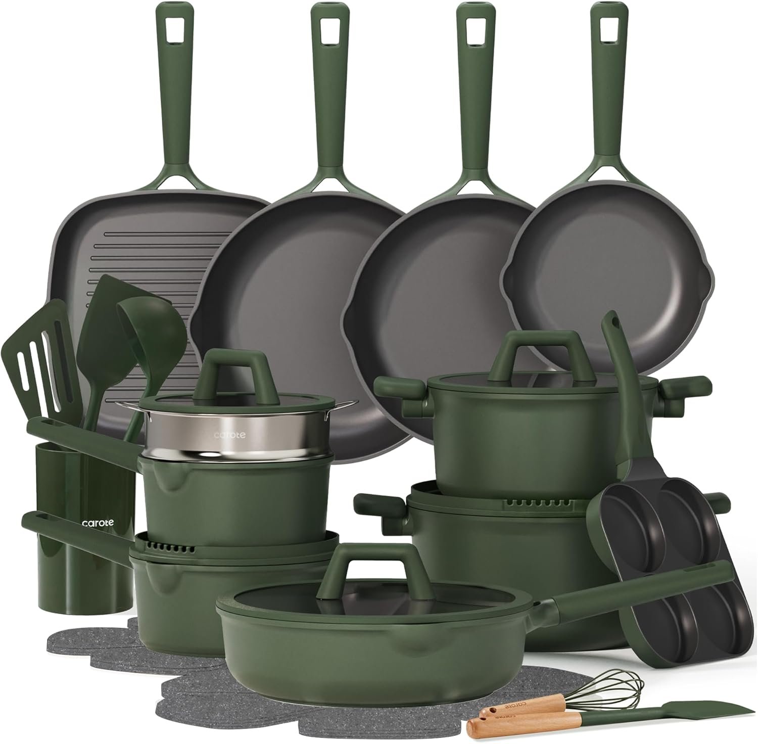 CAROTE 31pcs Pots and Pans Set, Nonstick Cookware Set | Egg Pan, Steamer & Durable Silicone Utensils, Even Heating, All-Stovetop Compatible, Green