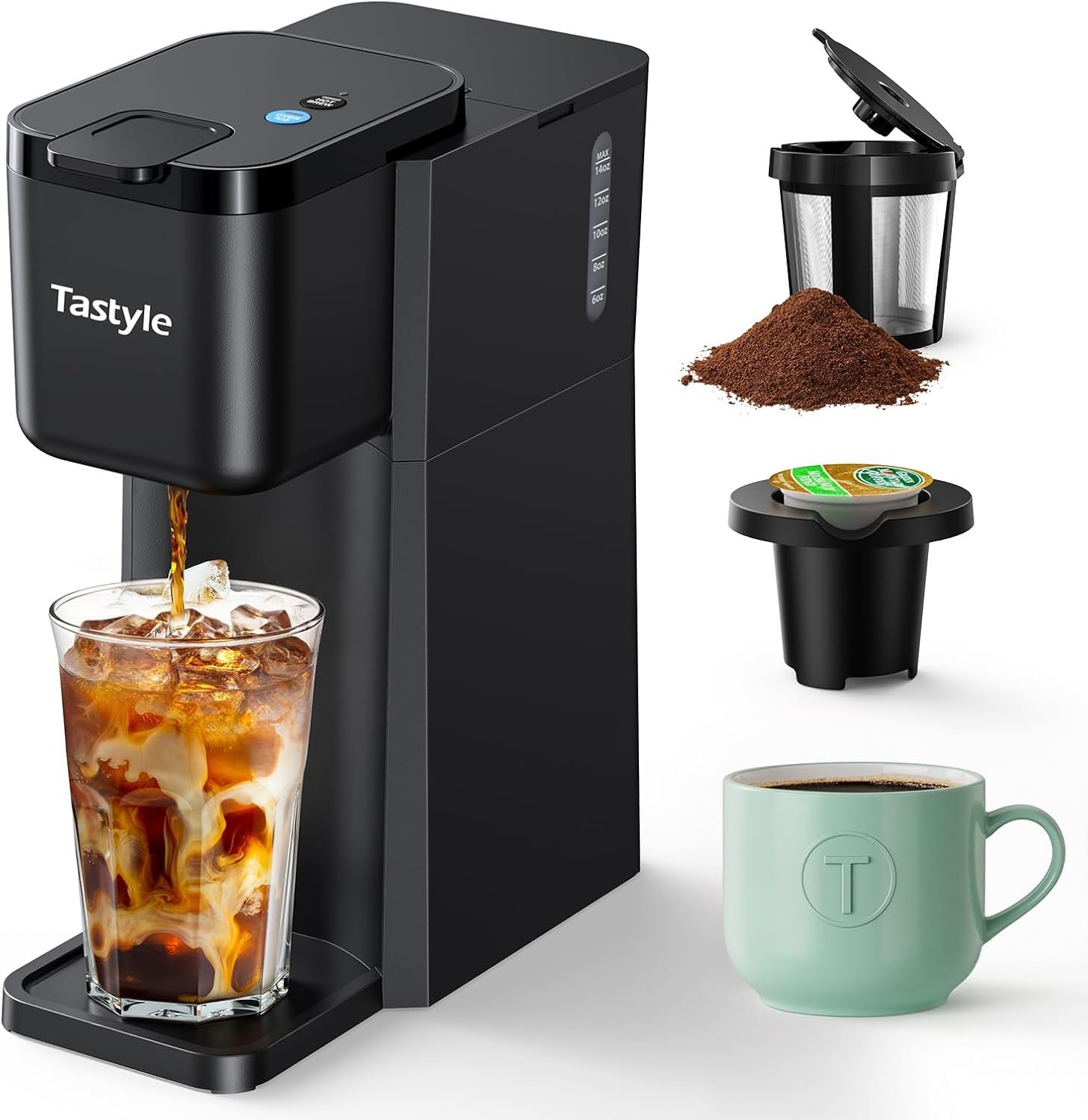 Tastyle Mini Single Serve Hot and Iced Coffee Maker for K Cup and Ground | 6 to14 Oz Brew Sizes, with Recipe Book, for Home, Travel, RV, Office and Dorm, 120V, K310IC, 2.0 version, Classic Black