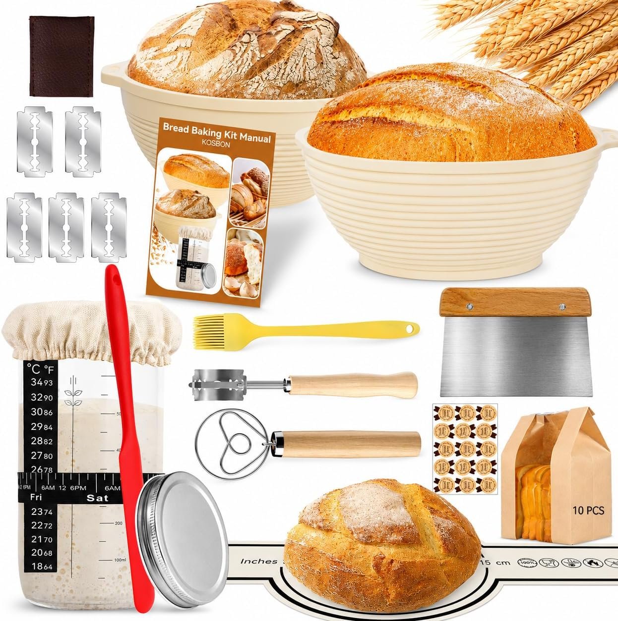 24 PCS Sourdough Starter Kit w/ 34oz Sourdough Starter Jar, Sourdough Bread Baking Supplies 9″ Round & 10″ Oval Silicone Banneton Bread Proofing (Yellow)