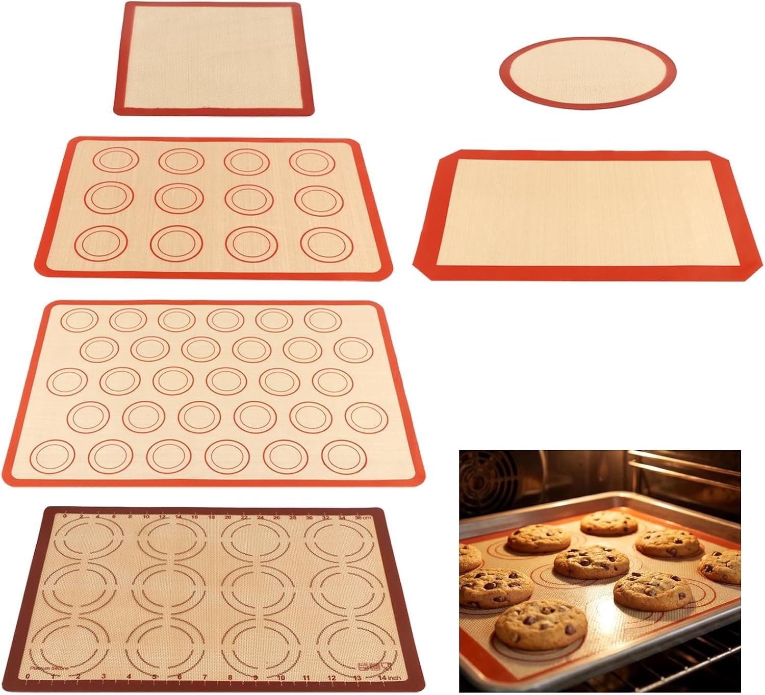 Silicone Baking Mat Set of 6, Reusable Baking Sheet Set Food Grade Oven Liner Sheet Non-Stick & Easy Clean Pastry Board Rolling Dough Mats for Macaron, Cookie, Pizza, Bread