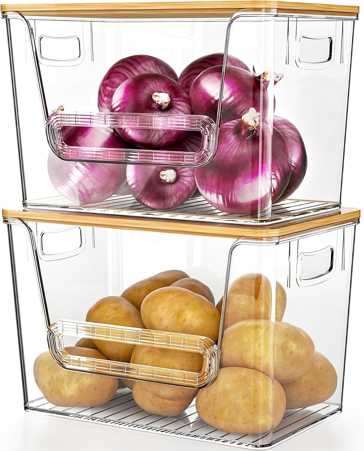 Delamu 2 Set Pantry Organizers and Storage, Trash Bag Holder Under Sink Organizer for 4-13 Gal Bags, Trash Bag Dispenser with Bamboo Top for Onion, Potato, Garlic, Clear (11-7/32″L*7″ W*7-1/8″H)