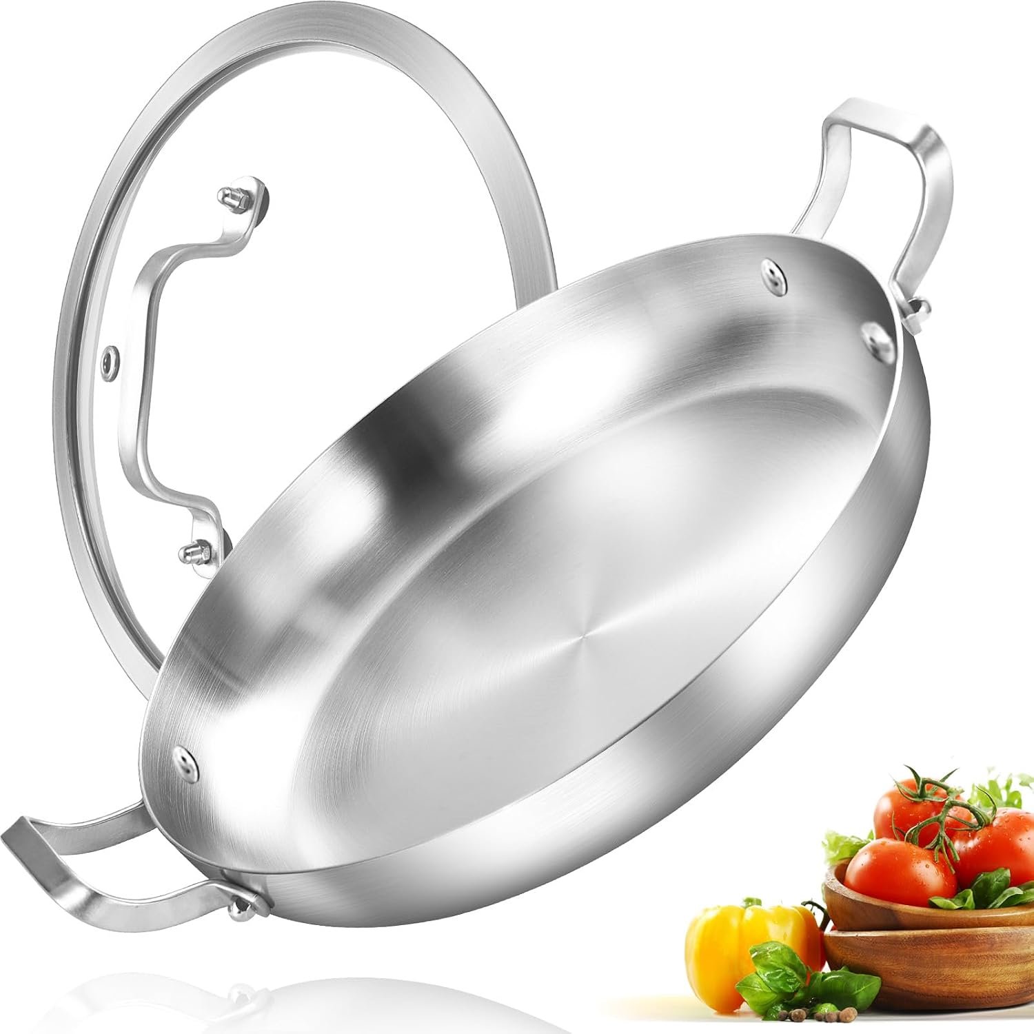 Inqibee 14 Inch Tri-ply Stainless Steel Paella Pan with Lid | Large Frying Pan with Double Riveted Handles, Wide Shallow Paella for Stovetop, Induction Compatible, Oven Safe, 4-6 Servings