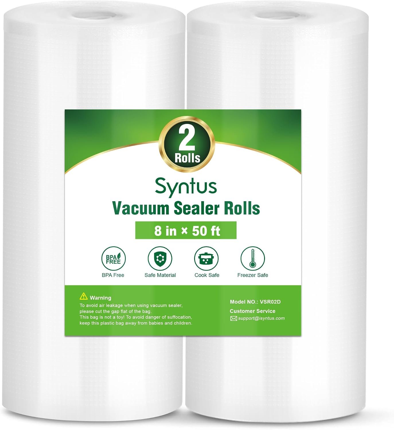 Syntus 2 Rolls 8″ x 50′ Vacuum Sealer Bags, BPA Free for Food Storage | 4mil Thick, Custom Length, Keep Food Fresh Longer, Freezer Microwave Sous Vide Cooking, Works with Most Vacuum Sealers
