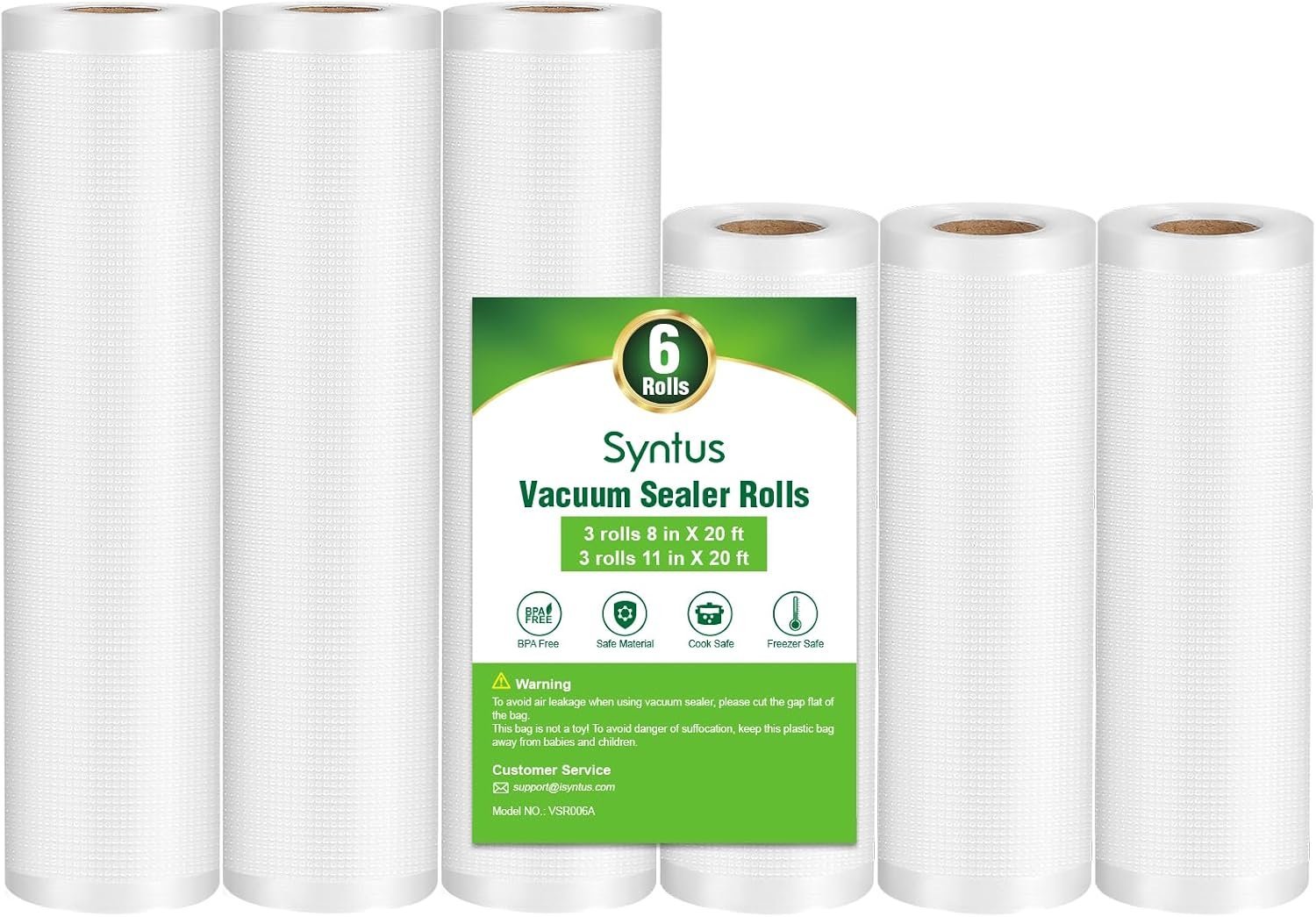Syntus Vacuum Sealer Bags for Food, 3 Rolls 11″ x 20′ and 3 Rolls 8″ x 20′ | 6 Pack, BPA Free, Custom Size, Heave-duty, Durable, Sous Vide Cooking Freezer Microwave Safe, Works with All Vacuum Sealers