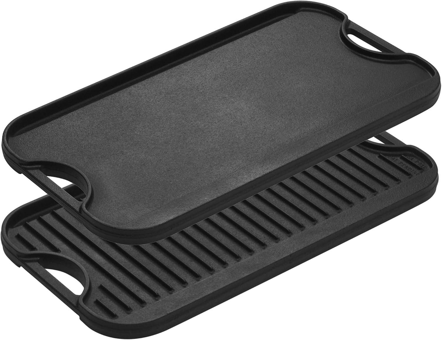 Lodge Pro-Grid Reversible Grill/Griddle – 20 Inches x 10.5 Inches – Dual-Sided Cast Iron Griddle – Double Burner Grill – Even Heat Distribution – PFAS-Free Non-Toxic Cookware