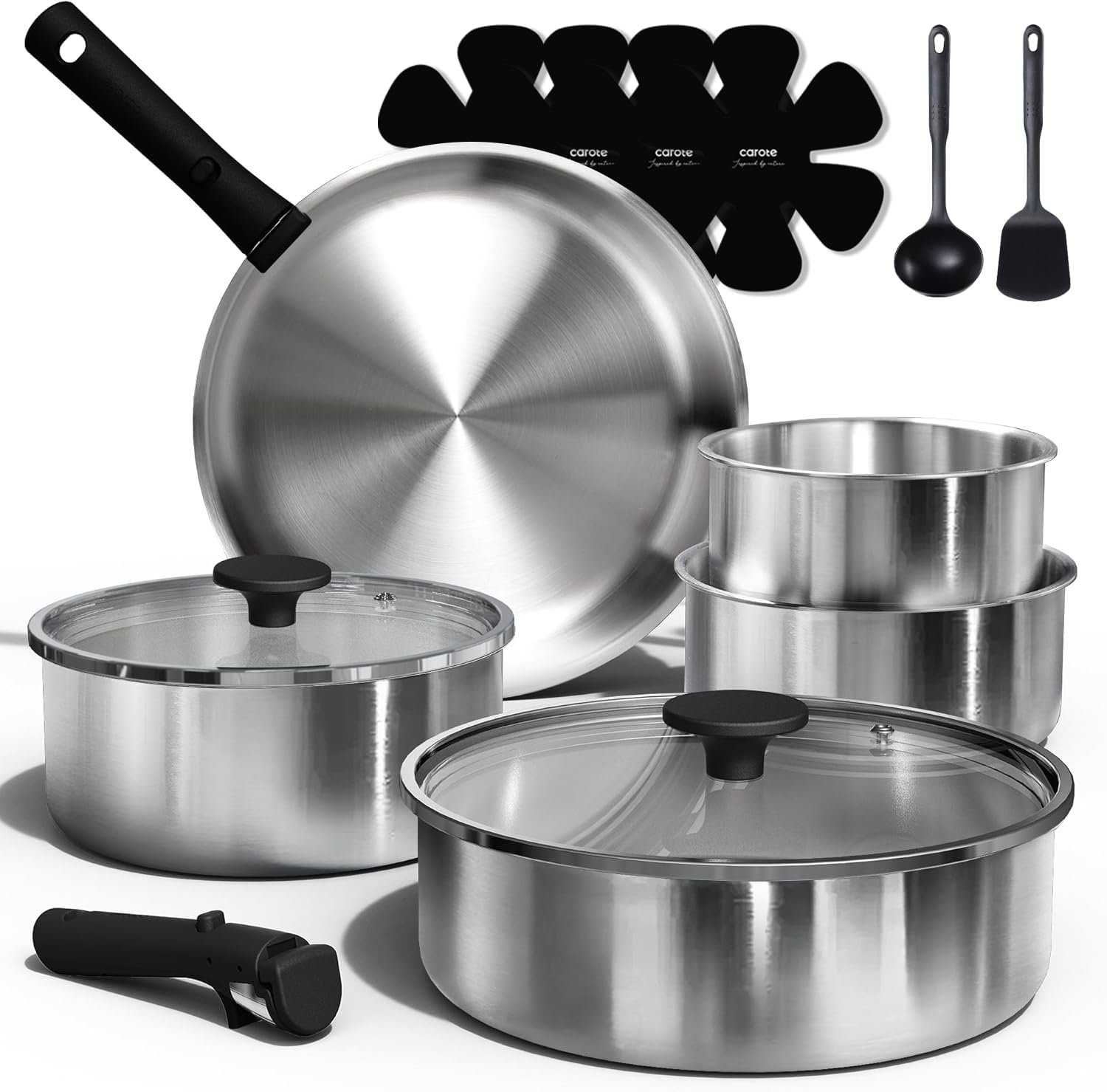 CAROTE 15pcs Tri-Ply Stainless Steel Cookware Set with Detachable Handle | Pots and Pans Set, Even Heating, Non-Toxic, Induction Compatible, Dishwasher& Oven Safe, Space Saving, Camping Cooking