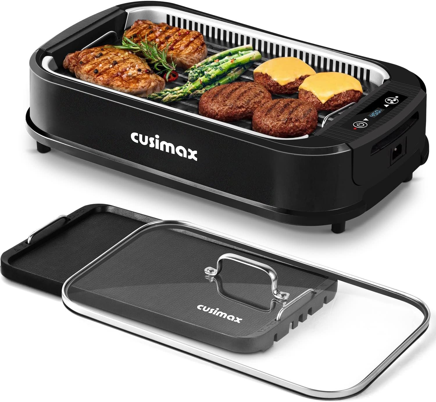 Indoor Grill, CUSIMAX Smokeless Grill Indoor, 1500W Electric Grill Griddle | Korean BBQ with Smart LED Display & Tempered Glass Lid, Non-stick Removable Grill Plate & Griddle Plate, Easy Cleanup, Black