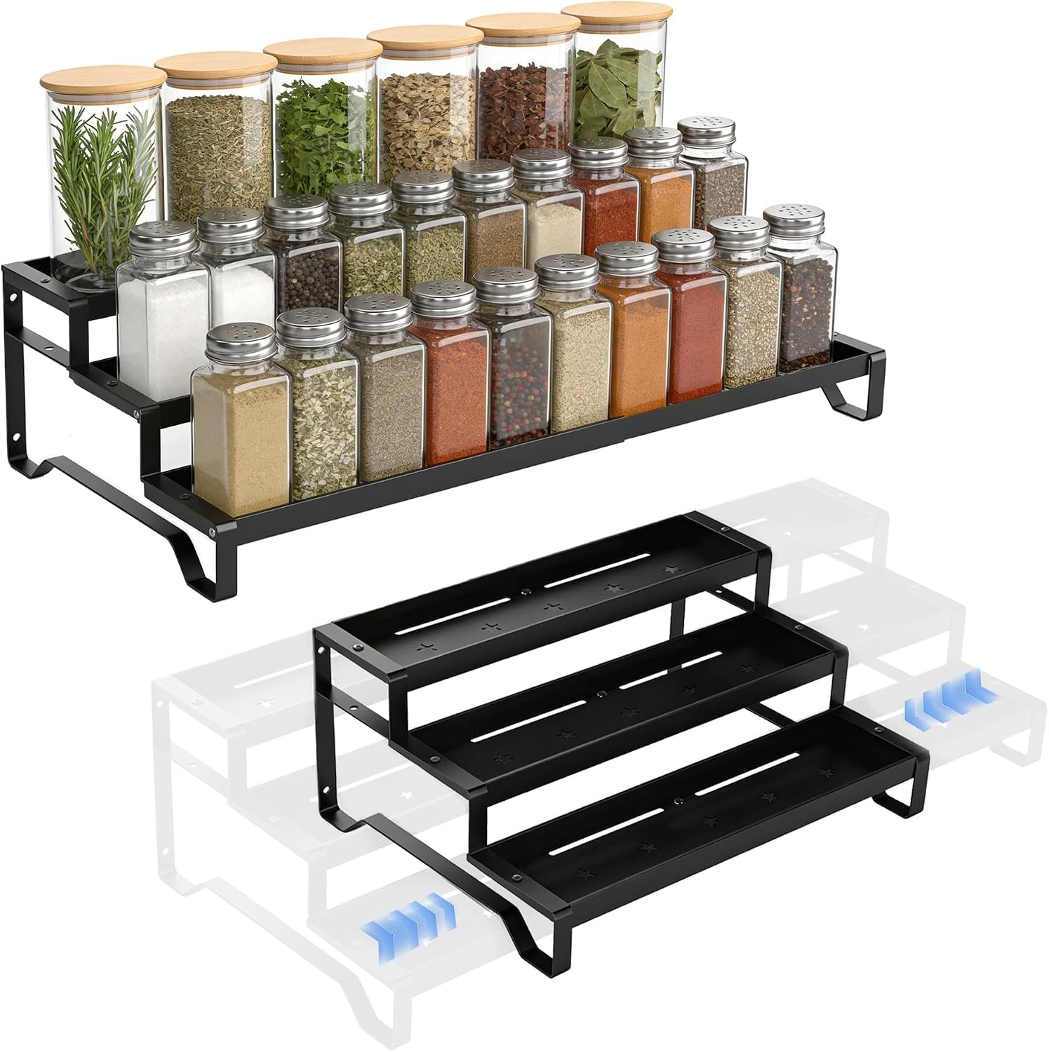 Expandable Spice Rack Organizer for Cabinet 3 Tier Spicy Shelf Black 1Pack | Adjustable Length 13″-21″, Easy to See Labels, Sturdy Metal, Slip-Resistant Guardrails for Jars, Cabinet & Countertop Storage