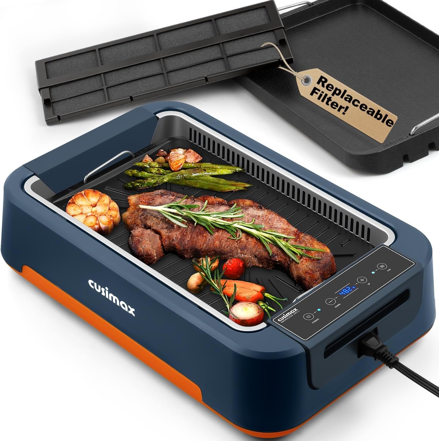Electric Grill, CUSIMAX Smokeless Indoor Grill & Griddle, 1500W/Blue+Orange | With Turbo Smoke Extractor/REPLACEABLE Filter Sponge*10/2 in 1 Grill & Griddle Plates/Smart LED Display/Larger Grilling Area