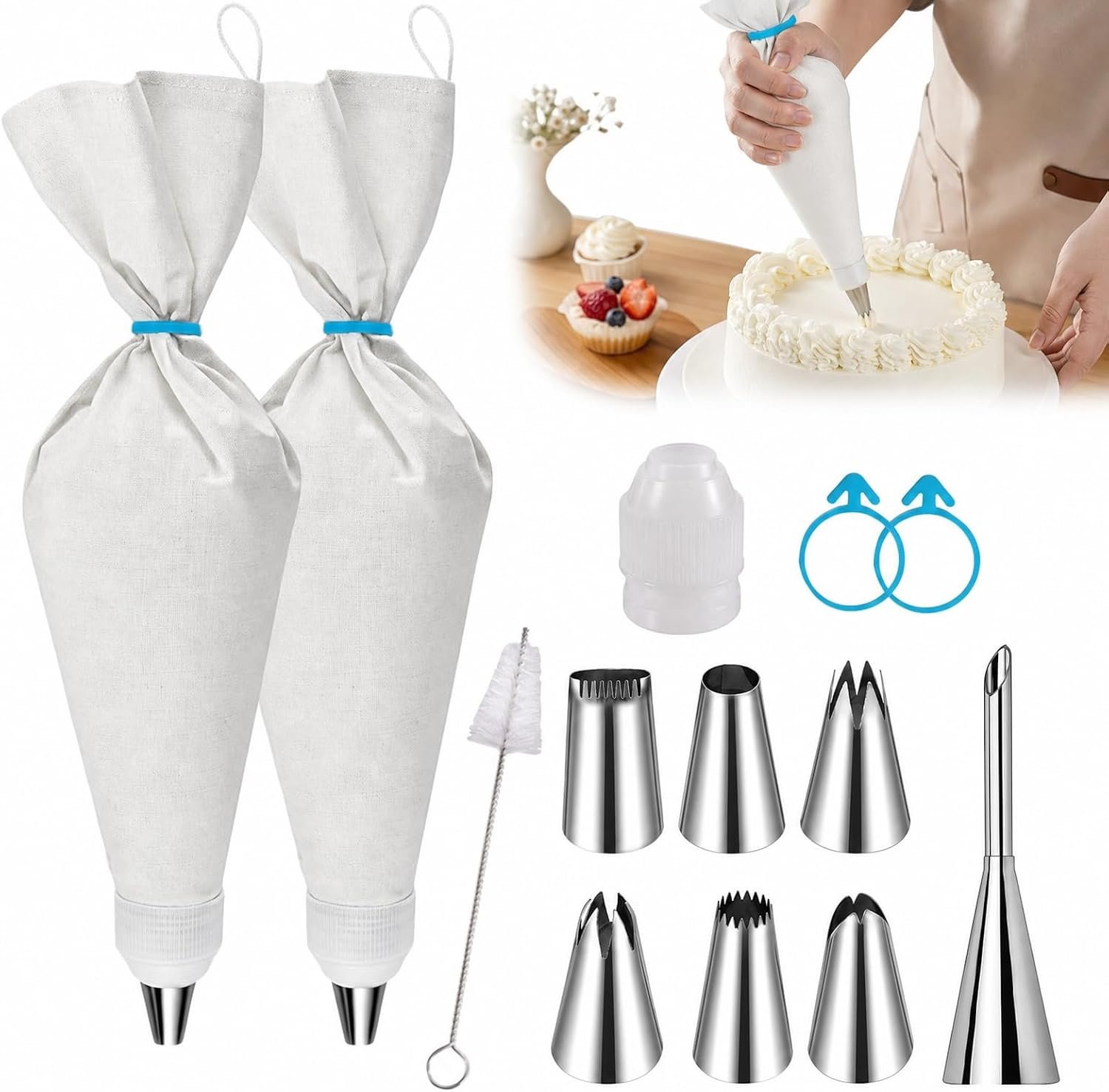 Reusable Piping Bags and Tips Set – 16″ Pastry Bags for Cake Decorating, Cupcakes & Cookies with Frosting Tips – Leak-Proof Cotton Icing Bags, Eco-Friendly Baking Kit for Home Bakers & Beginners