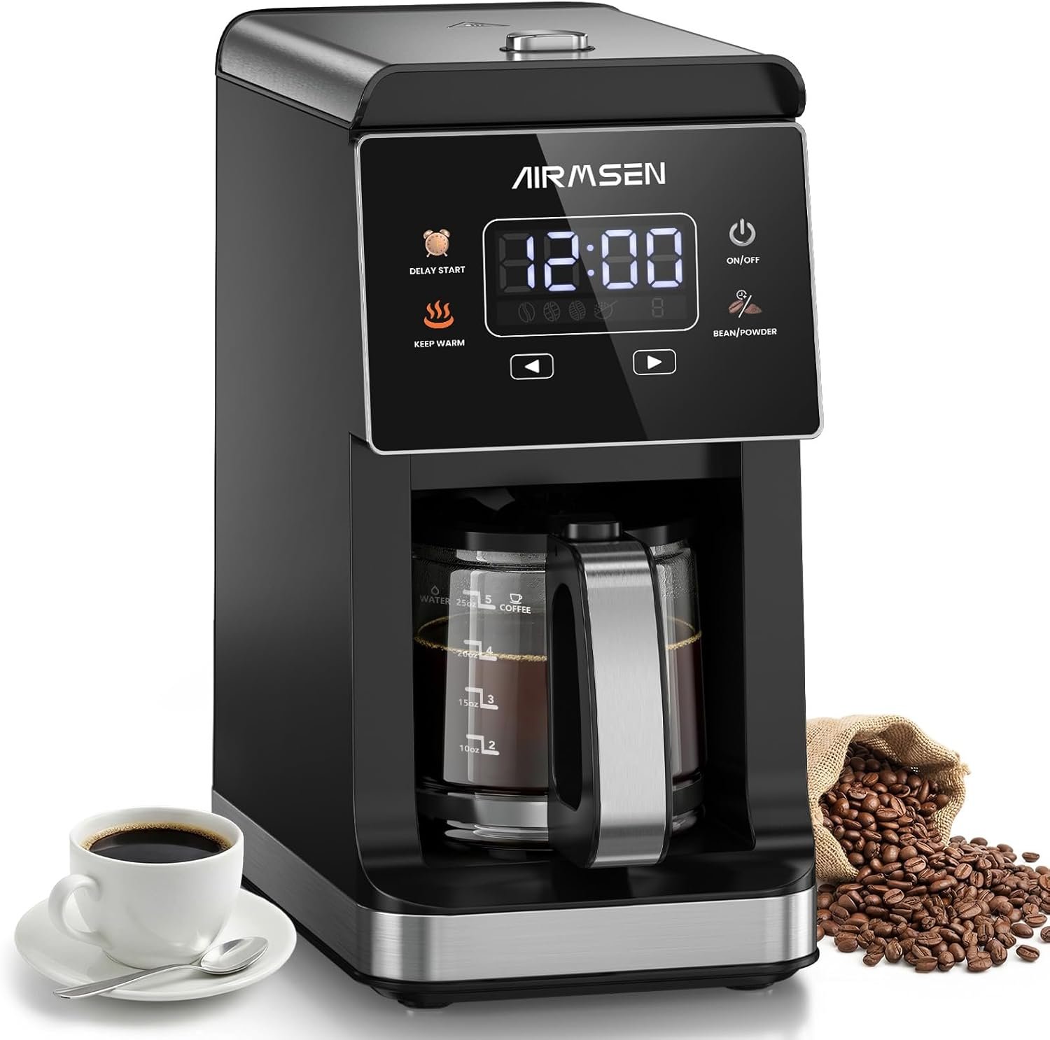 AIRMSEN Grind & Brew Coffee Maker with Built-In Grinder 5-Cup | Drip Coffee Machine with 24H Programmable Timer, 3 Grind Settings, Fresh Ground Coffee Maker for Home & Office