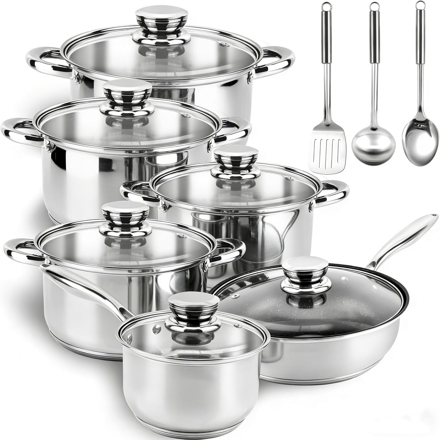 Stainless Steel Cookware Set Pots and Pans- 15 Pieces Nonstick Pot and Pan Set Includes 1 Frying Pans, 5 Pots, 6 Lids and 3 Utensils, with Stay Cooling Handle, Induction & Oven Safe