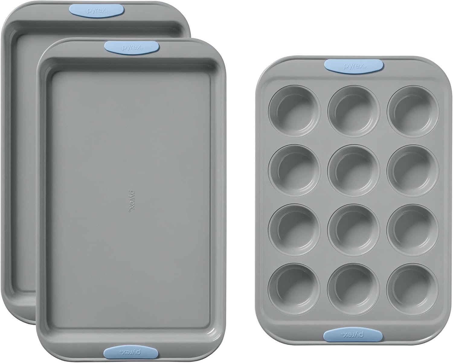 Pyrex 3-Piece Metal Cookie & Muffin Sheet Bakeware Set, Cerulean | Lightweight stainless steel baking trays with heatsafe silicone handles, made without PFAS, mercury, lead, cadmium & BPA