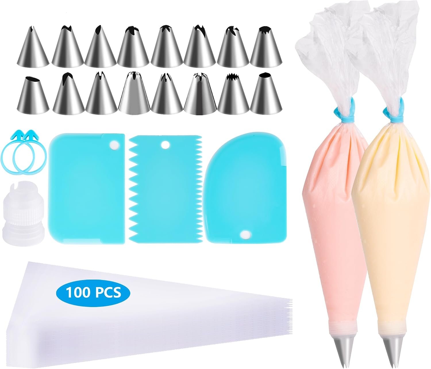 Piping Bags and Tips Set, Pastry Bag Cakes Decorating Supplies Kit | 100 Bags 3 Cake Scraper 2 Couplers 16 Piping Tips 2 Bag Ties (12 INCH) for Baking Cookie Icing, Cupcake