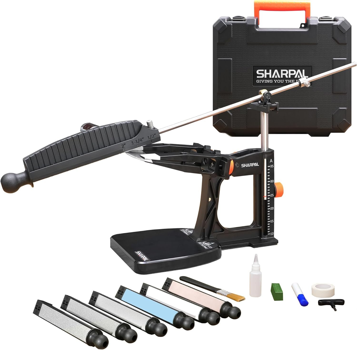 SHARPAL 202H Precision Knife Sharpening System, Adjustable Angle 10–35° | Knife Sharpener Kit, 7 Abrasive Plates (Diamond 220/325/600/1000, Whetstone 3000/6000, Leather Strop) and Giftable Carry Case