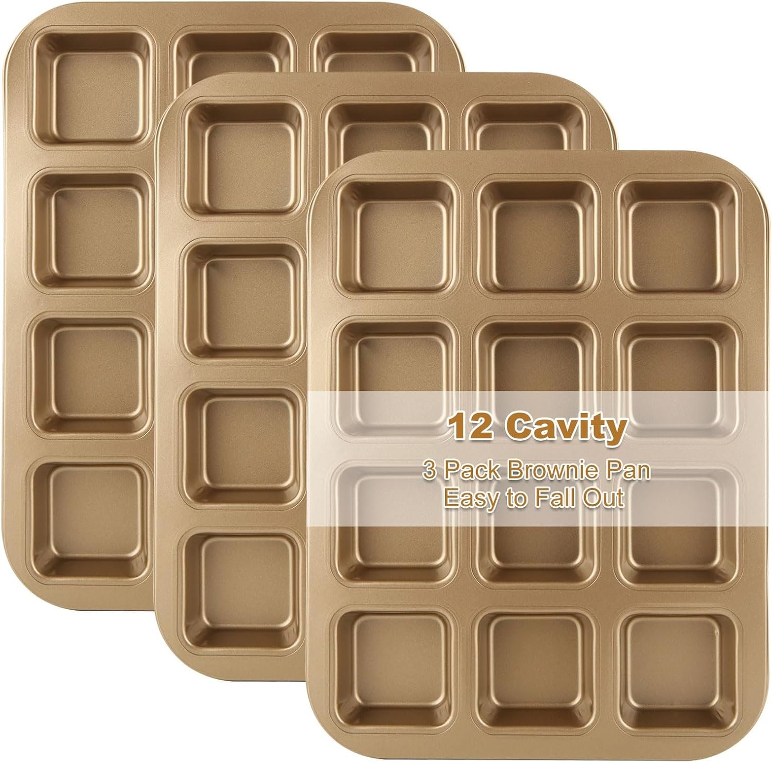 3 Pack Brownie Pan with Dividers 12 Cavity Square Muffin Pans Nonstick All Edges Brownie Pan, Baking Pan for Cornbread, Cupcakes, Tart, Muffin Cakes, Cookie, Bread (Gold)