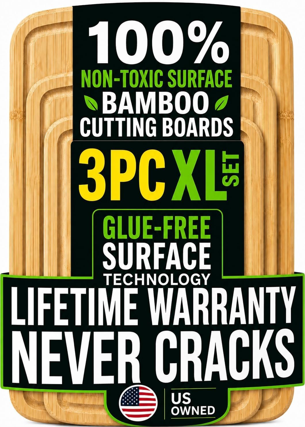 SAFEST Extra Large Bamboo Cutting Board Set of 3 with Glue-Free Surface Technology – Extra Spacious Wood Cutting Boards for Kitchen and XL Chopping Board Set – Replacements for Life
